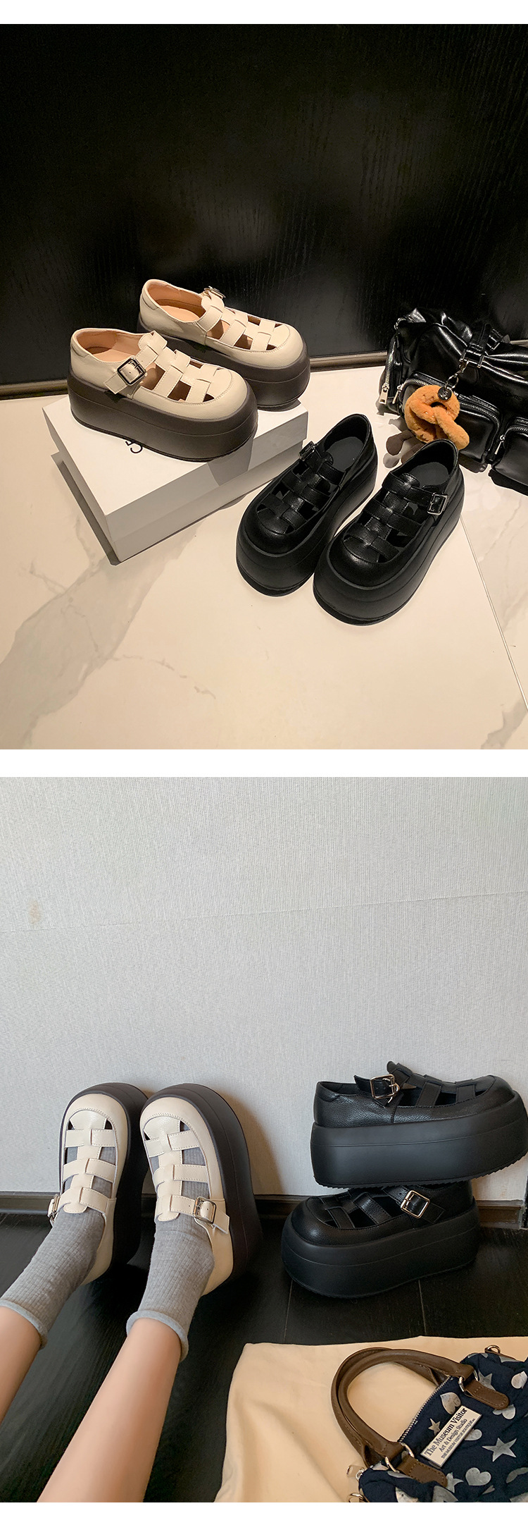 Sandal nữ đế dày bít mũi thể thao đi biển, đan thoáng khí — màu đen, màu trắng ngà chi tiết 16