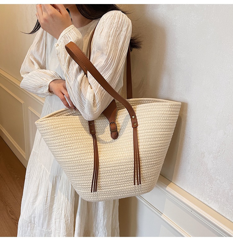 1125g Weight Weave Fashion Element Lock clasp Closure Type Double Shoulder Straps Strap Type Straw Bag Bags Type Casual Occasion cotton rope Material Solid Color Pattern Spring&Summer Season Women's Gender Beach Style Bucket Shape Large Size Women's Large Cotton Rope Solid Color Beach Weave Bucket Lock Clasp Straw Bag 17