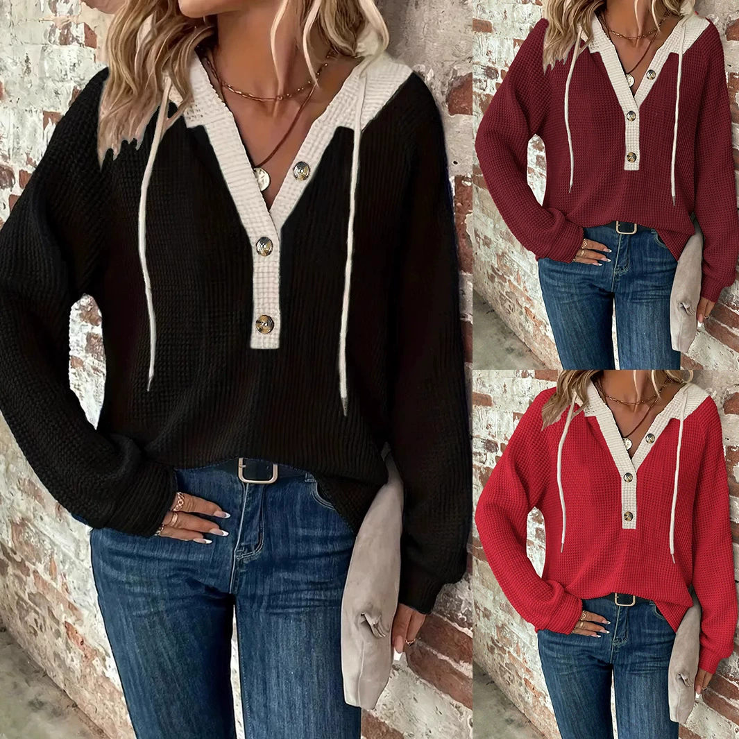 2025 Европейская и американская трансграничная осенне-зимняя женская однотонная вафельная толстовка с капюшоном и пуговицами, свободная женская одежда больших размеров с длинными рукавами