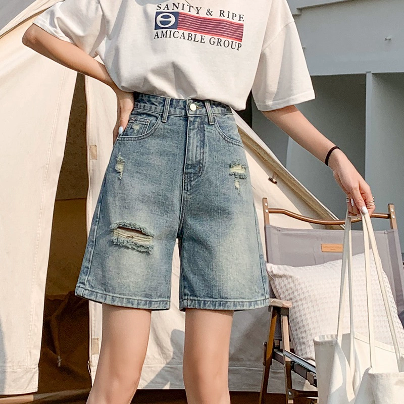 Рваные джинсовые шорты для женщин весна-лето 2025, тонкие, новые, высокая талия, узкие, свободные, средней длины, прямые, пятикарманные
