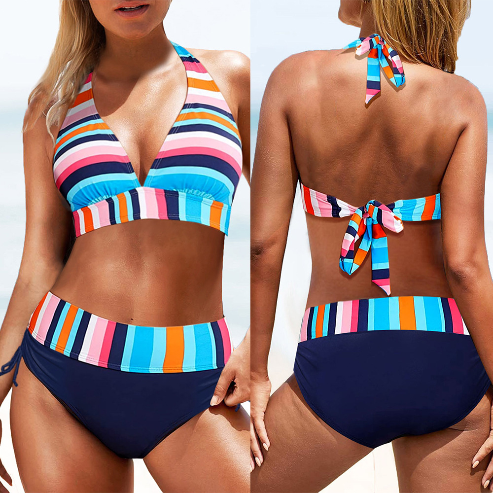 2023 European and American New Swimwear Striped Print Cross-border Amazon Split Sexy bikini Swimsuit for Women bikini