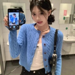 蓝色麻花针织开衫外套女2025春季新款宽松韩系慵懒毛衣长袖上衣
