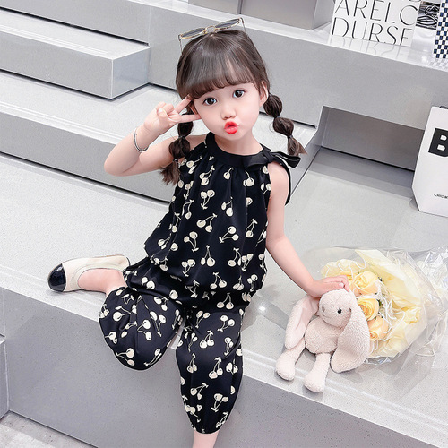 Ladycot Cherry Strappy Set 2024 Summer New Girl Baby Trendy Fashion Two-Piece Set for Middle and Small Children