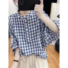 夏季薄款棉麻格子上衣女蝙蝠袖蓝白小格子衬衣宽松休闲减龄图片色