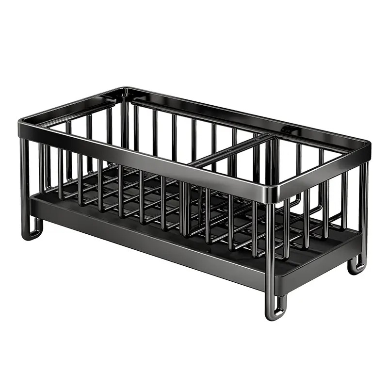 Encimera de acero inoxidable estante de almacenamiento de esponja fregadero lateral acabado de almacenamiento cesta de drenaje bandeja de agua con guía fregadero Negro Plata