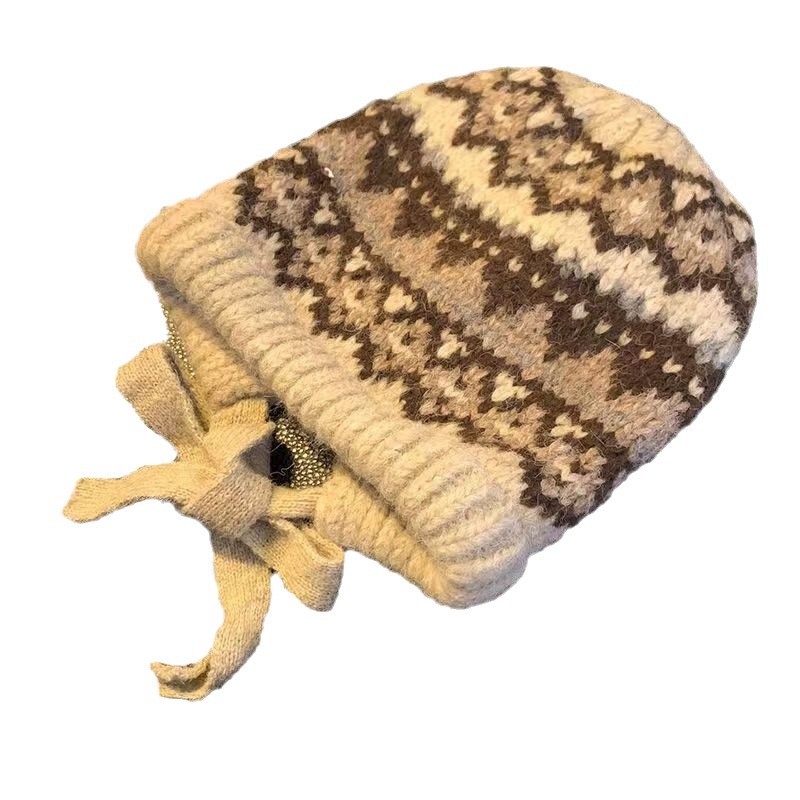 Cappello jacquard TUME transfrontaliero in stile etnico per donna, cappello vintage a doppio uso, calda protezione per le orecchie in maglia alla moda_voghion.com