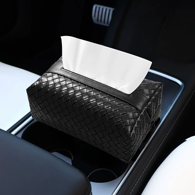 Car Tissue Box with a Light Luxury and High-End Feel, Woven Texture Leather Tissue Box, Car-Grade Tissue Box, Napkin Storage Box (Car tissue box/set) - car-tissue-box-woven-pattern-black