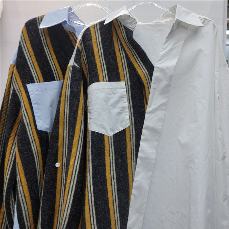 Gran tamaño francés de cuello en V falso dos piezas de camisa de mangas largas mujeres primavera 2026 nueva camisa de punto empalmado camisa de punto cardigan camisa superior image 4
