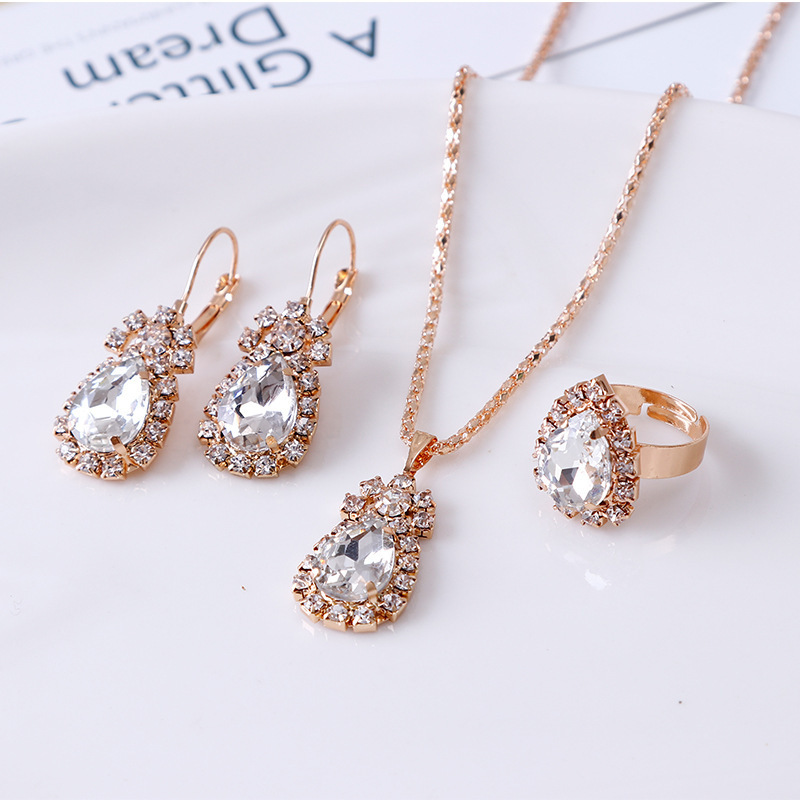 European And American Fashion Water Drop Rhinestone Necklace Earrings Ring Set display picture 7