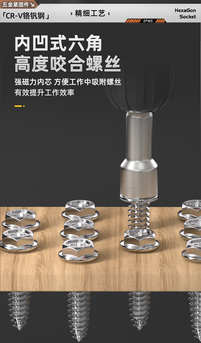 External hexagonal magnetic socket screwdriver wrench accessory for pneumatic and electric screwdrivers, self-tapping and self-drilling air bit socket