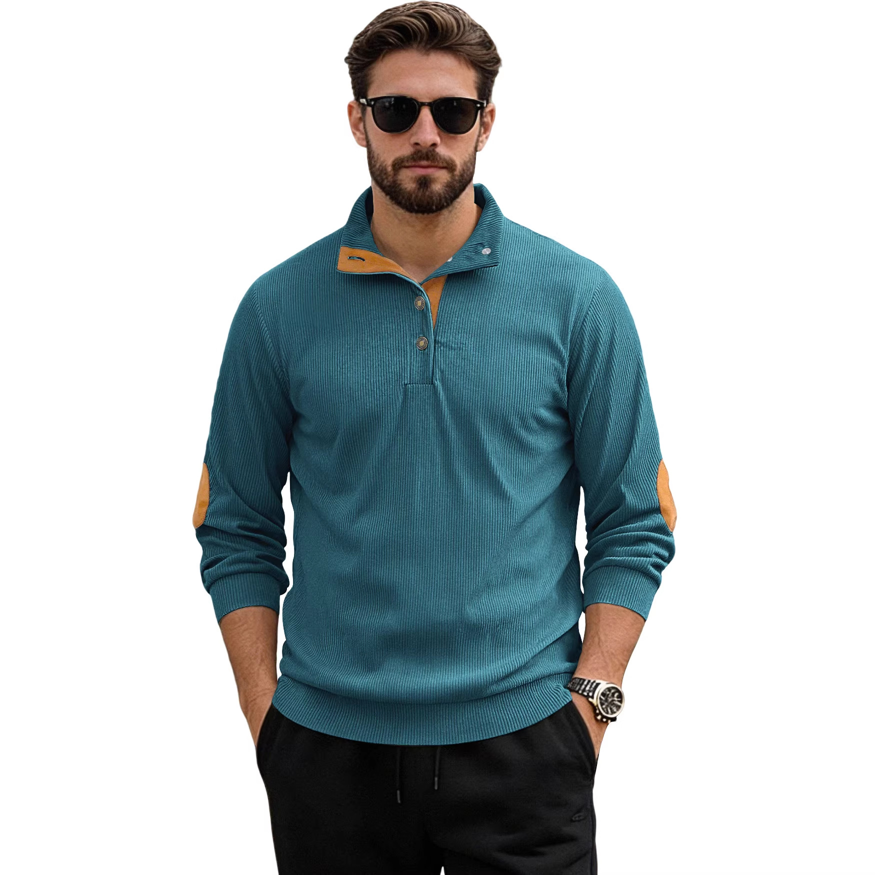 Nuevo cross-border otoño y invierno tamaño europeo cuello de manga larga camisa casual Amazon tejido de terciopelo overhead Henry suéter hombre
