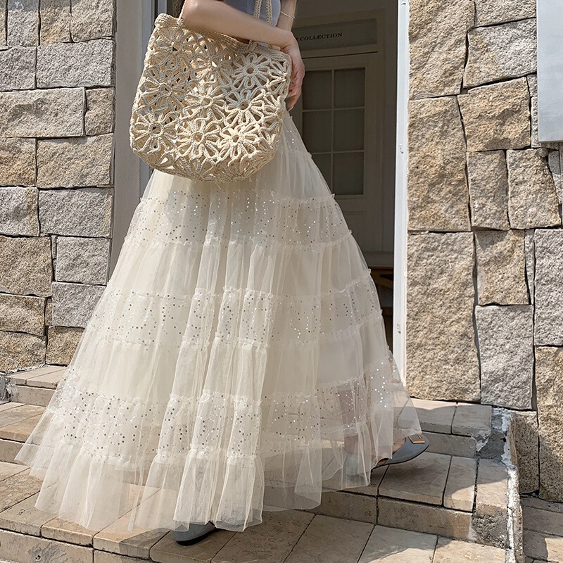 Ling Qianzi He Qingti White Pleated Mesh Skirt for Women, Early Spring French Style Sequin Patchwork Large Hem Fairy Long Skirt