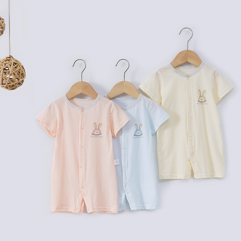 新生儿夏季薄款衣服男女宝宝短袖连体衣纯色夏装哈衣婴儿爬服
