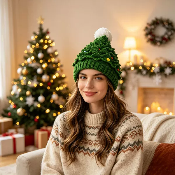 New cross-border knitted Christmas tree hat, woolen hat for autumn and winter, warm holiday party performance hat with pom-pom decoration
