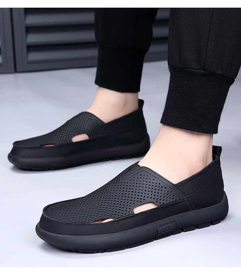Dép sandal nam da bò đế bằng mũi tròn kiểu lười thoáng khí, đế cao 1 cm — Trắng CB9926-2, Đen CB9926-2 chi tiết 18