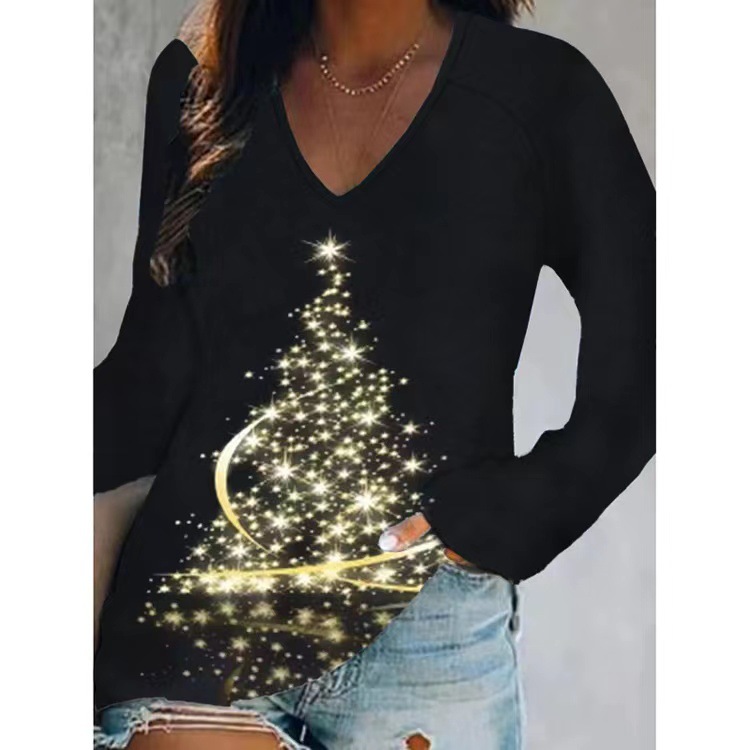 Women's T-shirt Long Sleeve Blouses Printing Casual Christmas Tree display picture 3