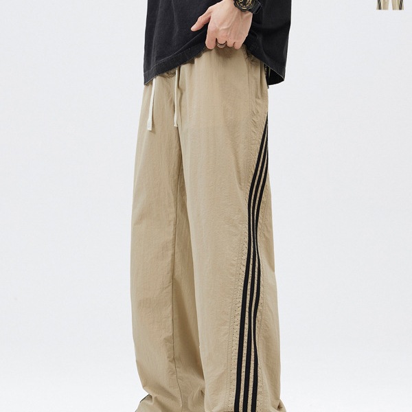 Lktm Men's Clothing # Khaki Three-Stripe Striped Pants Men's Summer Thin Quick-Drying Loose Casual Outdoor Trousers