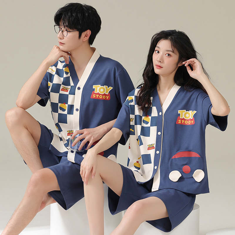 Sommarpar kofta i ren bomull kortärmade shorts pyjamas student tecknad söt män kvinnor vår och sommar_voghion.com