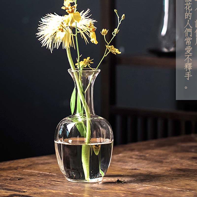 禪意仿宋瓜棱花器日式玻璃花瓶加厚玻璃瓶擺件茶道配件