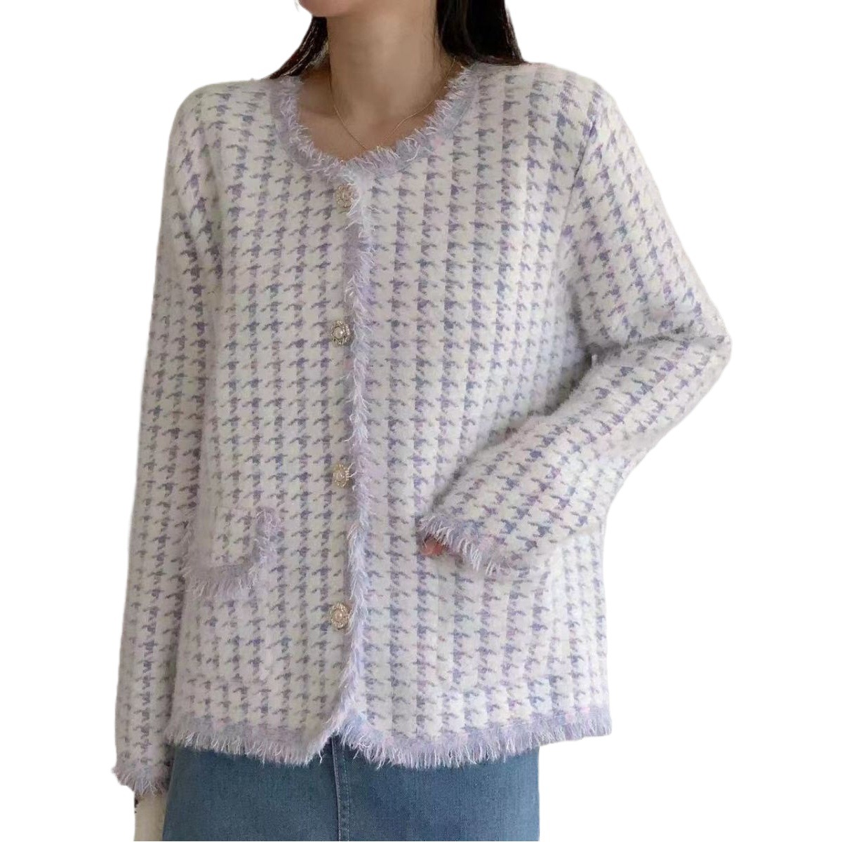 El otoño y el invierno Nuevo suéter de punto de las mujeres de pata de gallo de imitación de visón de terciopelo suelta estilo Chanel abrigo del todo-fósforo