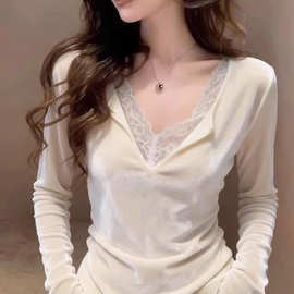 独特超好看蕾丝假两件长袖t恤女早春轻奢高级感内搭丝绒小衫上衣