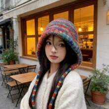 秋冬季多巴胺彩虹针织帽女渐变色条纹系带护耳包头帽显脸小毛线帽