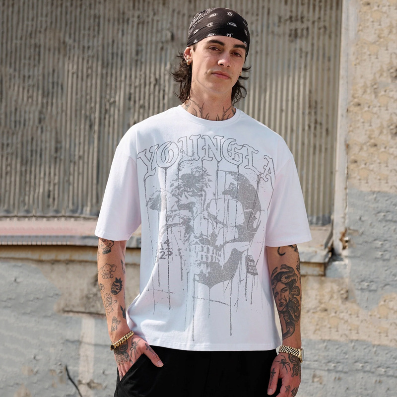 YOUNGLA men's oversized T-shirt cotton round neck loose short sleeve gym sports fitness T-shirt 240 fabric YOUNGLA men's oversized T-shirt cotton round neck loose short sleeve gym sports fitness T-shirt 240 fabric