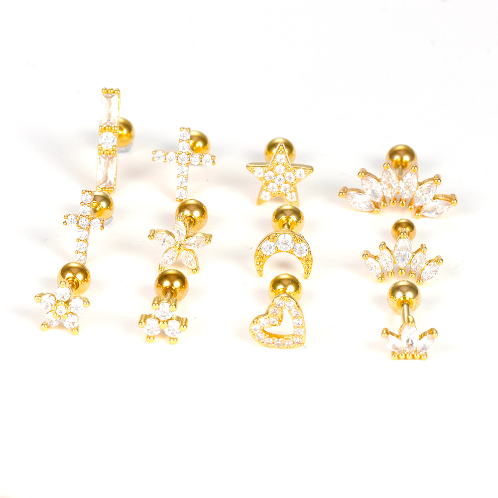 3g Weight Zircon Inlay Material Ear Studs Classification 1 Piece Quantity Daily, Street Occasion Stainless Steel Material Star, Heart Shape, Crown Pattern Women's Gender Plating, Inlay Design Simple Style Style 1 Piece Simple Style Star Heart Shape Crown Plating Inlay Stainless Steel Zircon Ear Studs 17