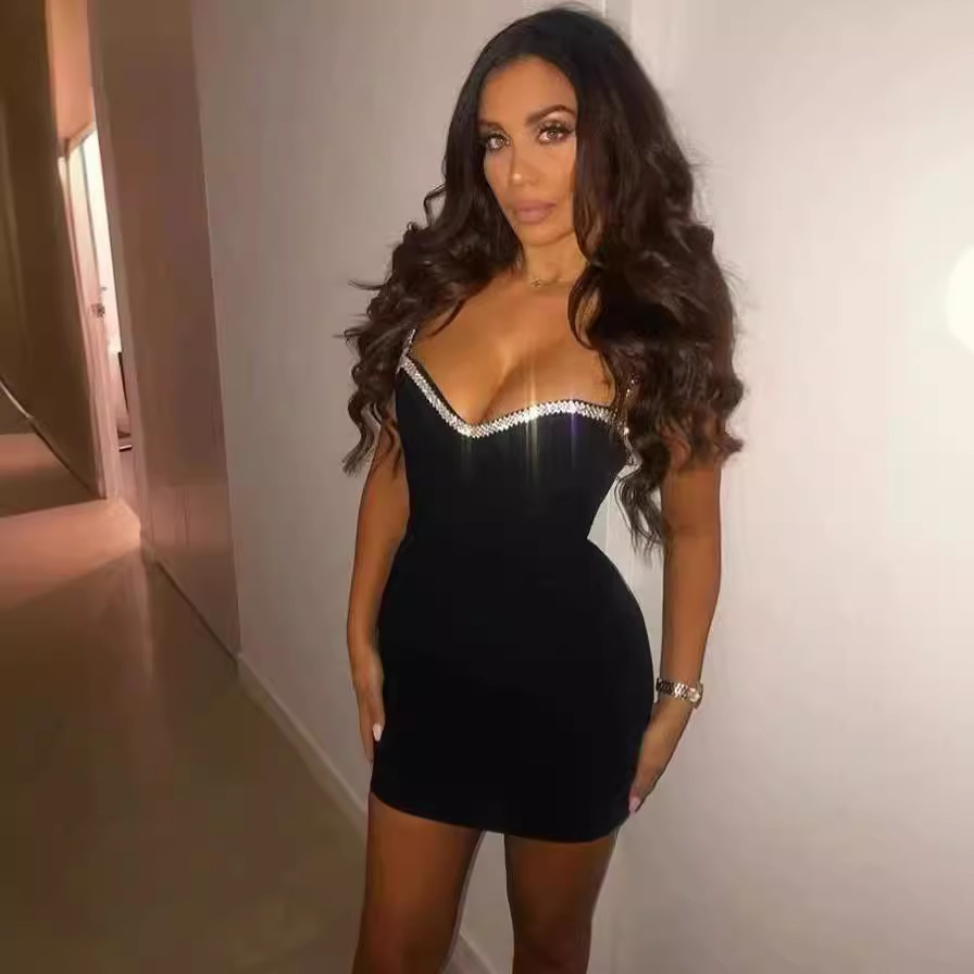 Cross-border niche design crystal trim mini skirt Sexy Slim-fit sheath party dress sling dress women