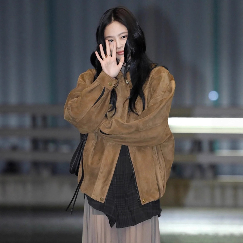 In Stock Korean Designer Sis** Suede Bomber Jacket Korean Style Women's Clothing Jennie Same Style Zipper Jacket