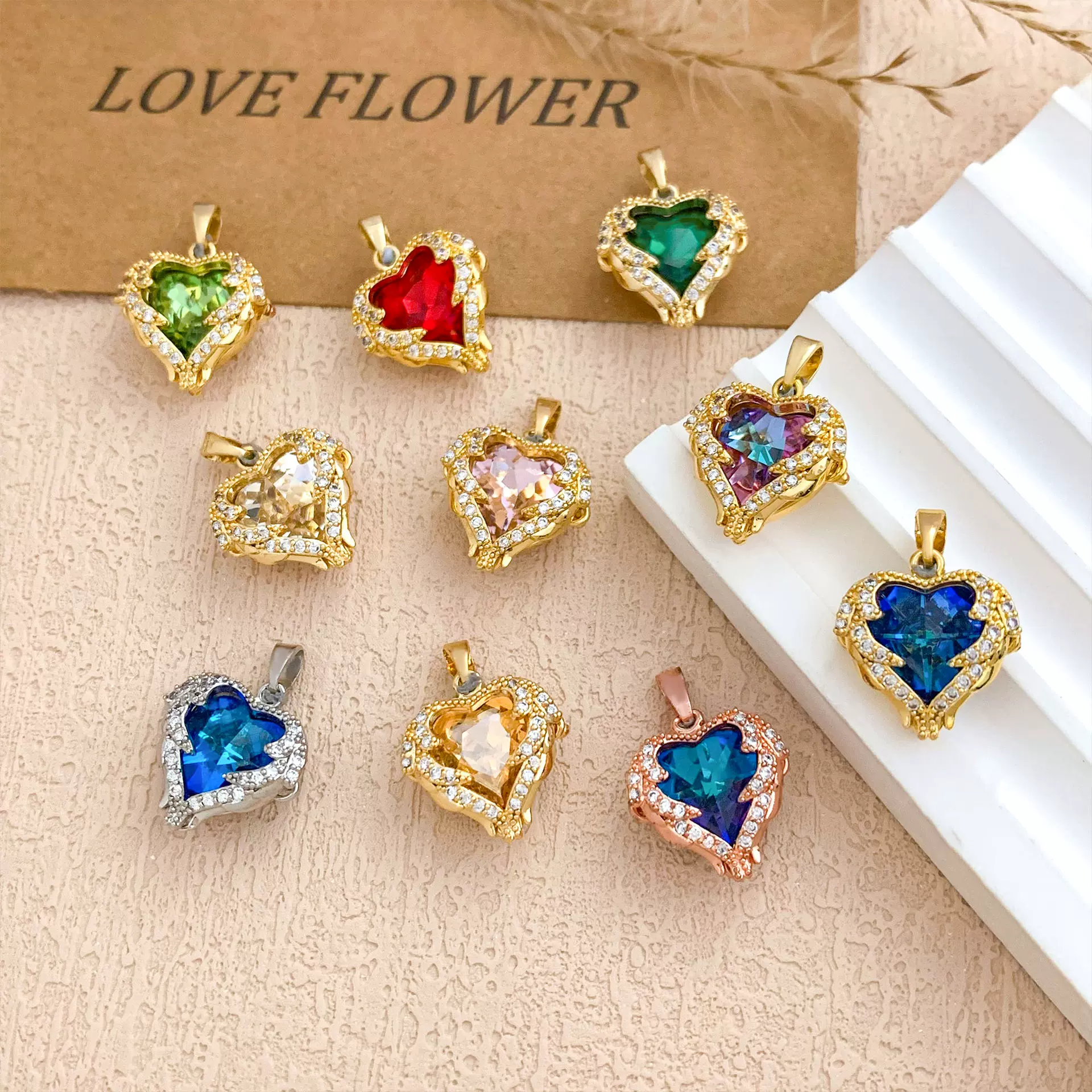DIY配饰跨境炫彩海洋之心吊坠女微镶锆石爱心铜镀真金不掉色配饰