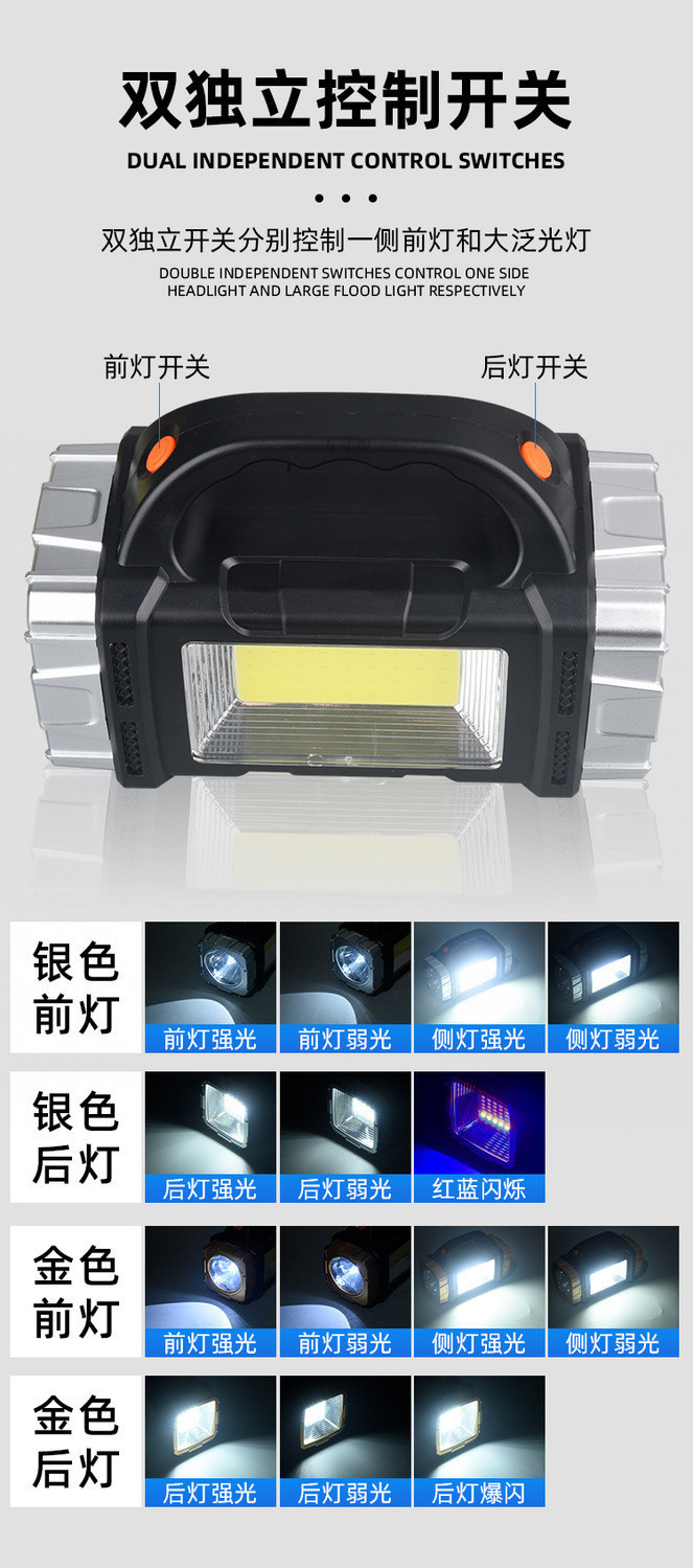 Solar-powered flashlight with multi-functional lighting, dual-head strong light, suitable for night market stalls, side light for wide-area home use, and patrol searchlight