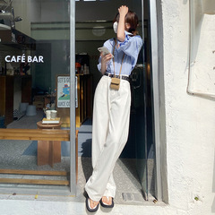 白いワイドレッグパンツ レディース 春 ハイウエスト 着痩せ効果 多用途 純綿 ゆったり ワイドレッグ ストレート カジュアル ジーンズ 脚長効果