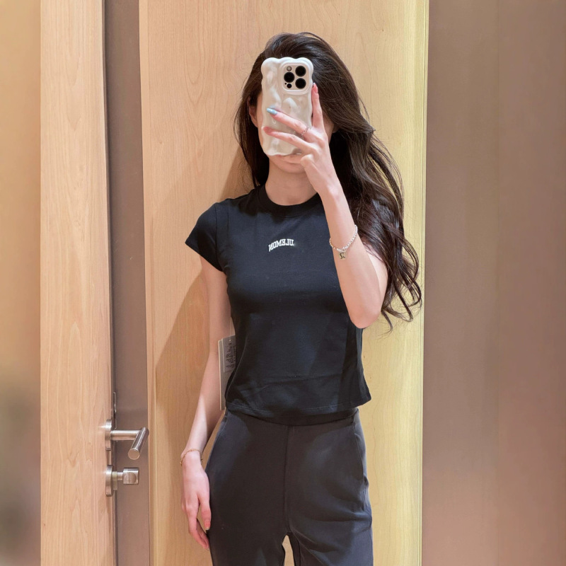Lulu Embroidered Letter Yoga Fitness Short-Sleeved T-Shirt Slim Fit Sweet College Style Short Hot Girl Top for Women Lulu Embroidered Letter Yoga Fitness Short-Sleeved T-Shirt Slim Fit Sweet College Style Short Hot Girl Top for Women