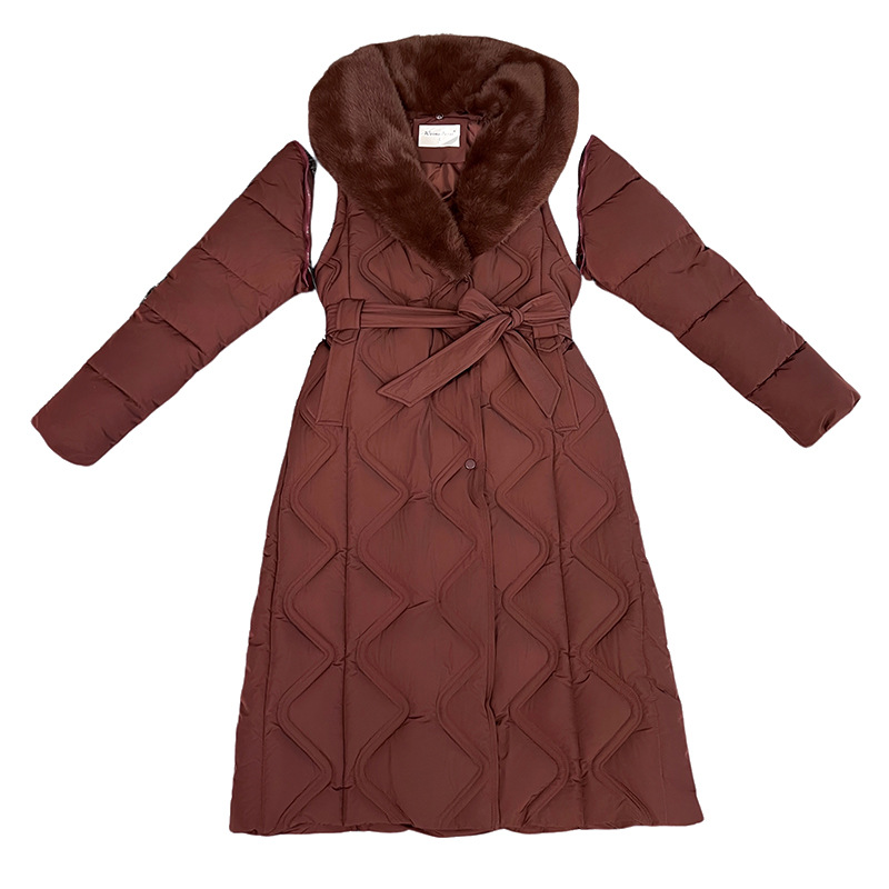 2025 invierno nuevo estilo largo temperamento cálido con solapa de pluma de algodón para mujeres delgadas dos mangas desmontables abrigo