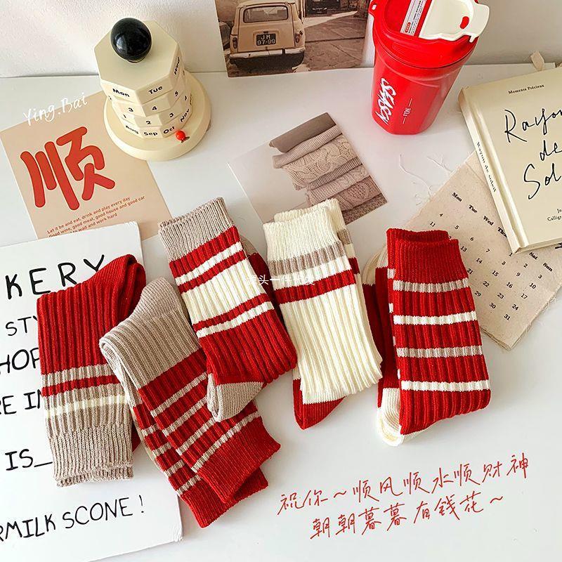 新年秋冬紅色襪子蛇年本命年聖誕喜慶結婚條紋運動堆堆襪諸暨批發