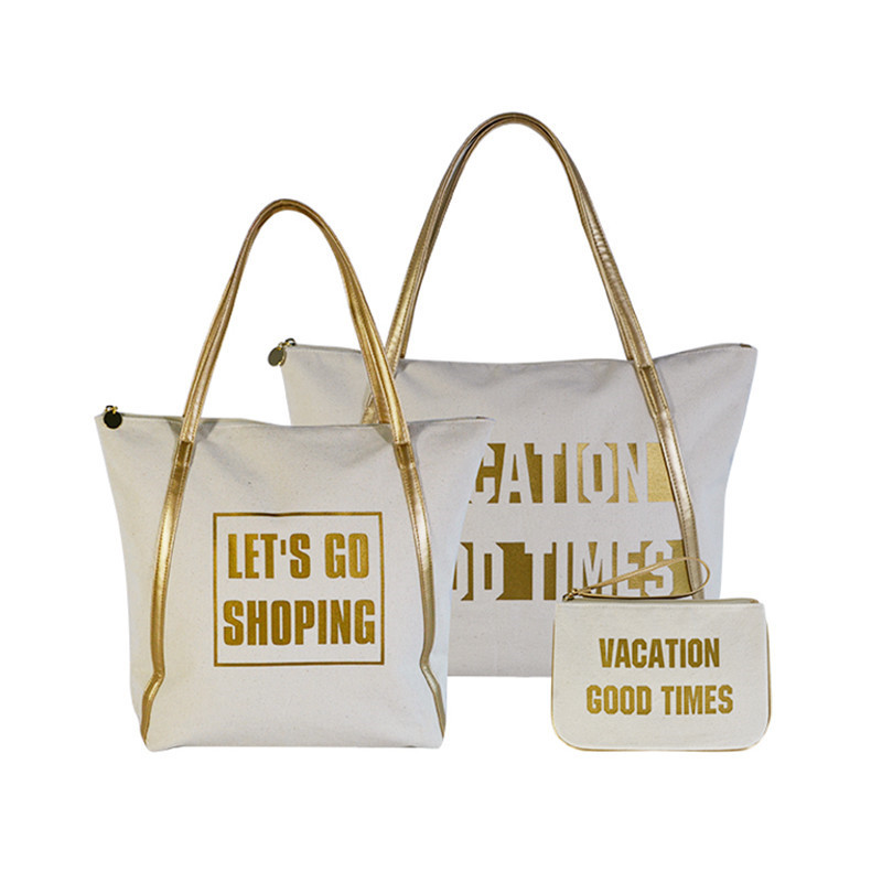 高品质购物帆布包 出口日本烫金印闪粉字母手提袋 中国风托特包