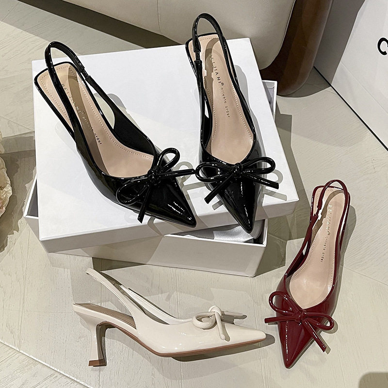 Giày cao gót nữ mũi nhọn gót mảnh quai ngang thắt nơ, sandal bít mũi gót 6–8 cm — Màu trắng be, Màu đen, Màu đỏ rượu