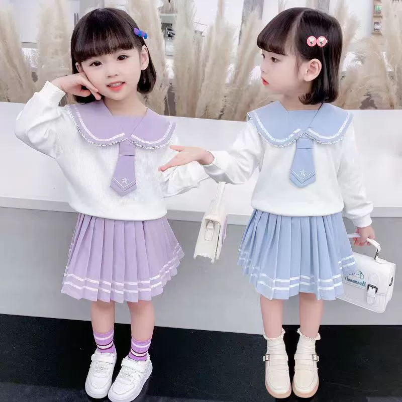 Autumn fashionable set, navy bow tie, pleated skirt, children's clothing, western style