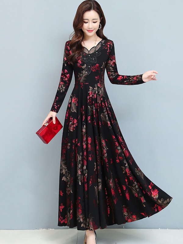 Elegant long-sleeved printed dress for spring and autumn, slimming and flattering, made with soft fabric, suitable for middle-aged mothers