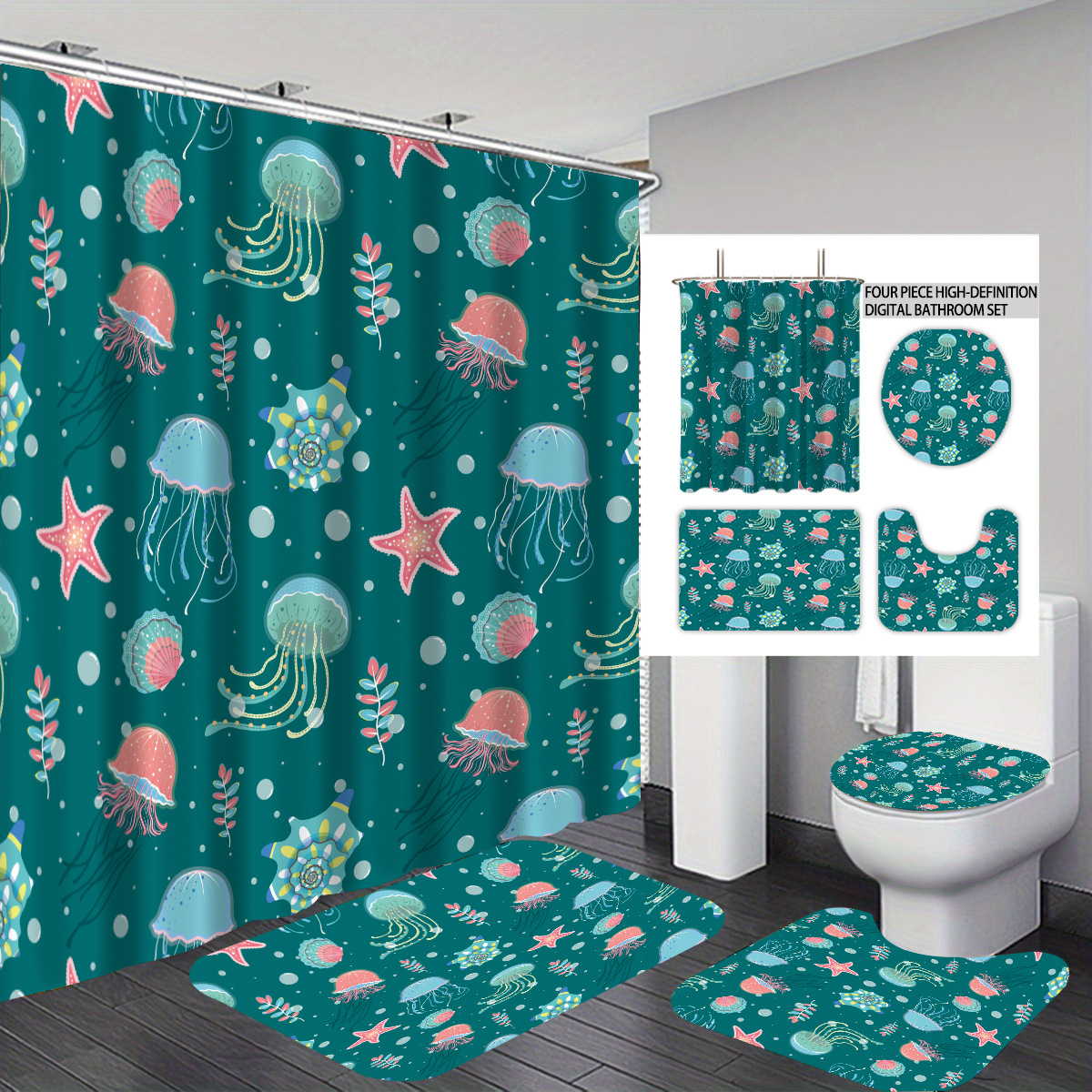 Temu cortina de baño impermeable personalizada serie de elementos marinos 3D impresión poliéster cortina de baño de cuatro piezas fábrica image 27