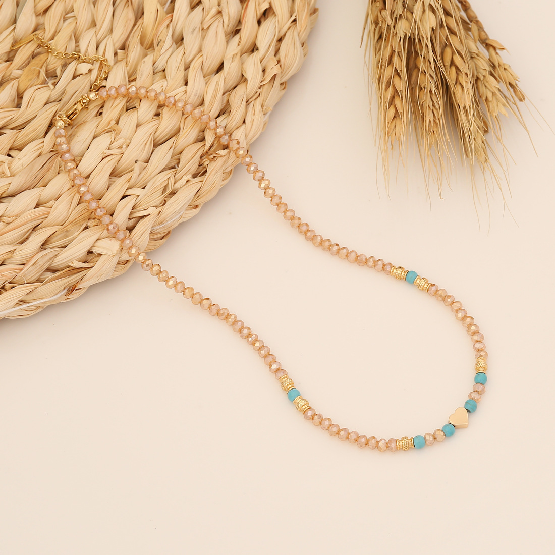 Bohemian Heart Shape Stainless Steel Copper Beaded Artificial Crystal Turquoise Shell Necklace