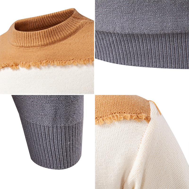 Pull en tricot tendance pour homme - Pull rétro oversize avec col ras du cou, manches longues et badge brodé (M-3XL, gris/rouge/moutarde/vert)_voghion.com