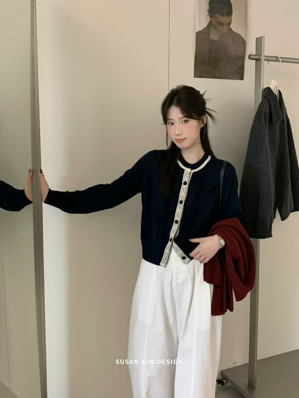 苏珊 2025秋冬木耳边褶皱拼接针织开衫毛衣外套女新款上衣27812|undefined