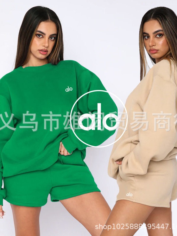 Traje de yoga A10, jersey de cuello redondo de color sólido, sudadera de manga larga, ropa corta casual y versátil para mujer, montada con forro polar