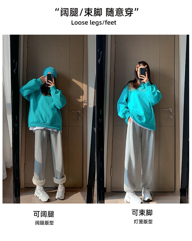 Super thick lambskin wide-leg pants, grey outerwear, thickened winter sports pants, drawstring cuffs, fleece sweatpants for women pic 10