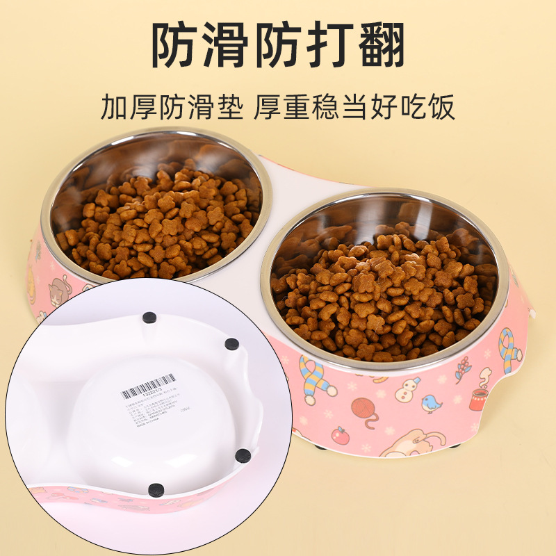 En stock al por mayor de acero inoxidable Impresión de melamina PET doble tazón de acero inoxidable dos en uno Pet Bowl perro tazón de fuente de comida