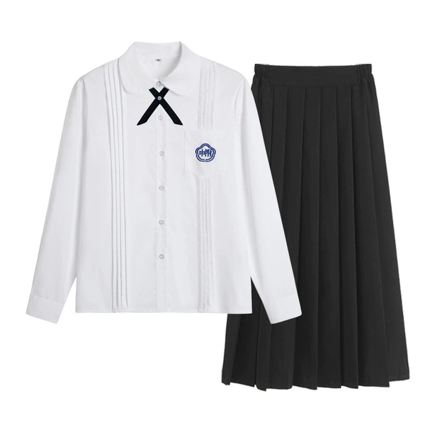 Girls' High School Shirt Long Sleeve + Cross Knot + YKK Black Long Skirt