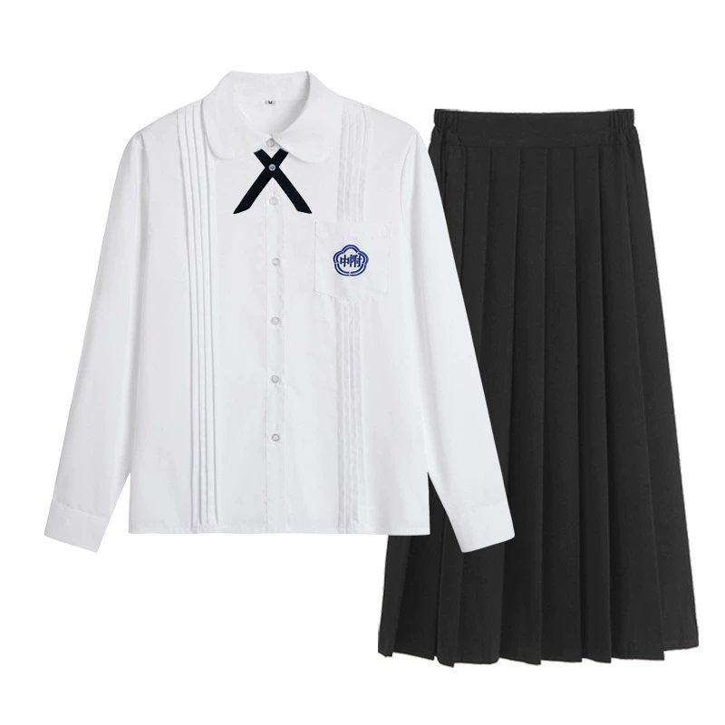 Uniform, shirt, student pleated skirt, set, long-sleeve, brace, with embroidery