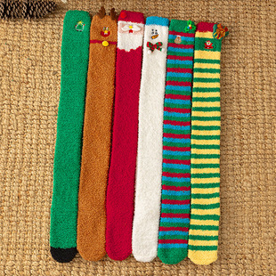 Cross-border New Christmas Knee Socks European and American Christmas Cute Cartoon Coral Fleece Striped Socks